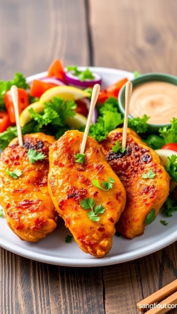 Golden-brown air fryer chicken tenderloins with parsley, served with salad and dipping sauce on a rustic table.